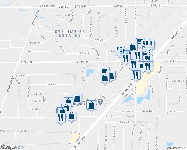 map of restaurants, bars, coffee shops, grocery stores, and more near 6968 Steinmeier Drive in Indianapolis