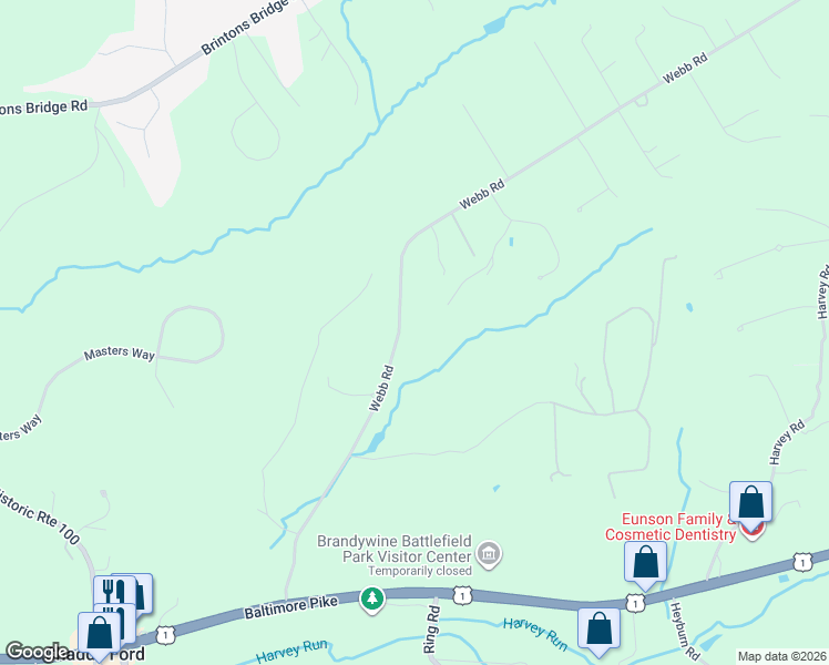 map of restaurants, bars, coffee shops, grocery stores, and more near 590 Webb Road in Chadds Ford