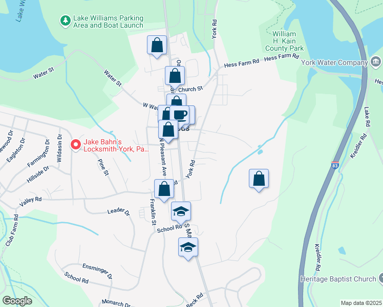 map of restaurants, bars, coffee shops, grocery stores, and more near 14 York Road in Jacobus