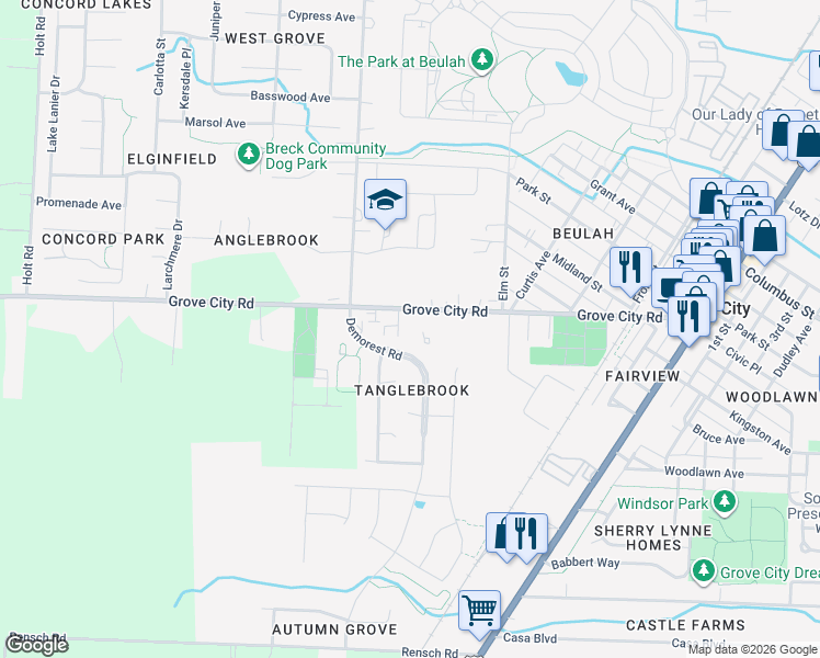 map of restaurants, bars, coffee shops, grocery stores, and more near 3853 Grove City Road in Grove City