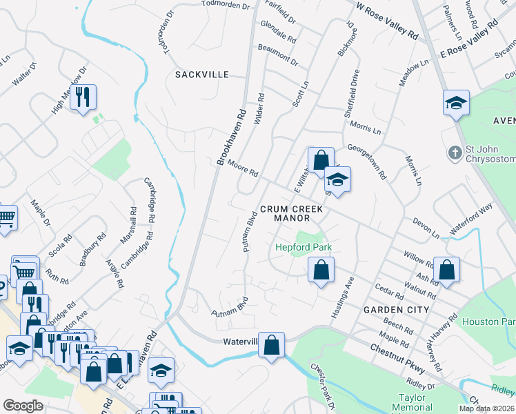 map of restaurants, bars, coffee shops, grocery stores, and more near 0 Wallingford Avenue in Nether Providence Township