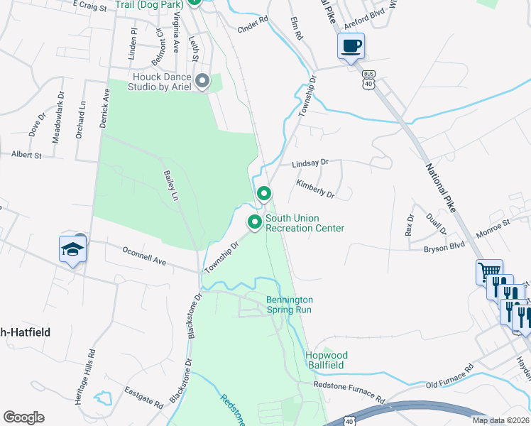map of restaurants, bars, coffee shops, grocery stores, and more near 150 Township Doctor Exd in Uniontown