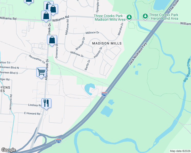 map of restaurants, bars, coffee shops, grocery stores, and more near 2702 Four Seasons Drive in Columbus