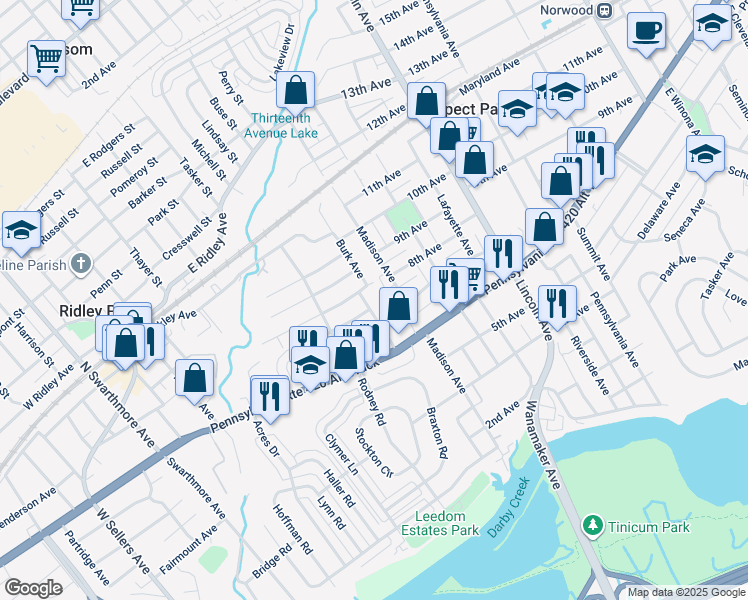 map of restaurants, bars, coffee shops, grocery stores, and more near 207 Burk Avenue in Ridley Park