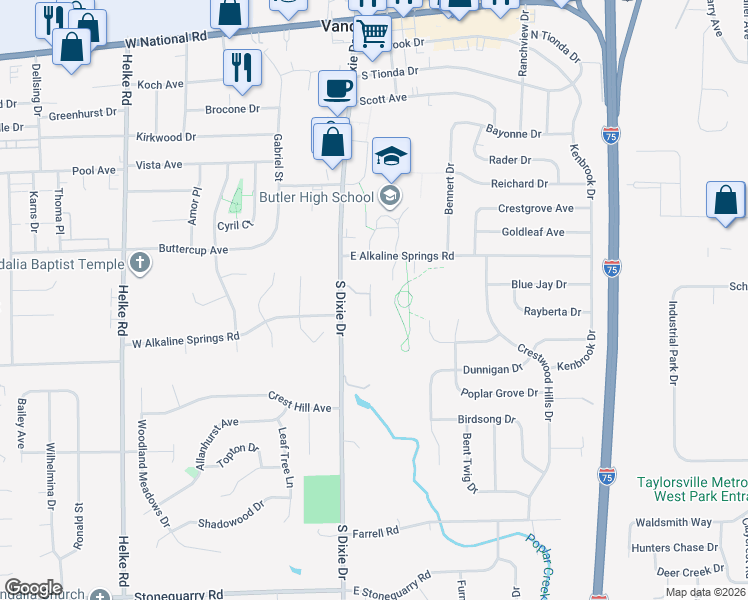 map of restaurants, bars, coffee shops, grocery stores, and more near 860 South Dixie Drive in Vandalia