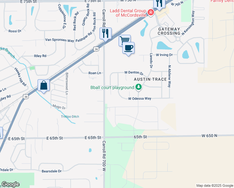 map of restaurants, bars, coffee shops, grocery stores, and more near 6863 West Odessa Way in McCordsville