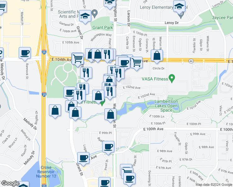 map of restaurants, bars, coffee shops, grocery stores, and more near 10245 Washington Street in Thornton