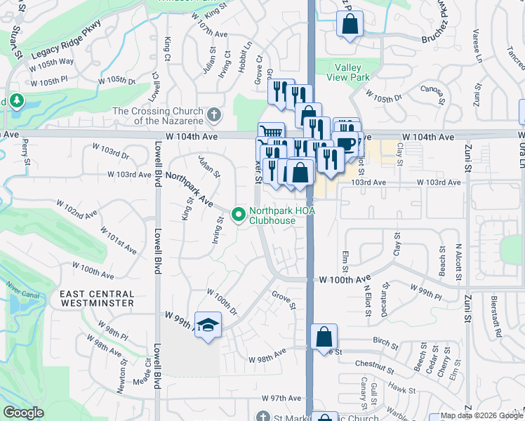 map of restaurants, bars, coffee shops, grocery stores, and more near 3270 West 102nd Place in Westminster