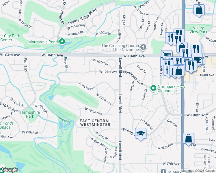 map of restaurants, bars, coffee shops, grocery stores, and more near 10213 North Meade Court in Westminster