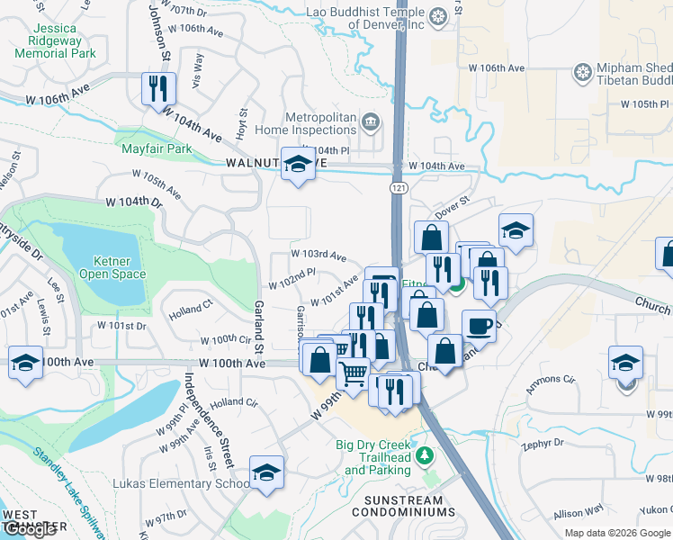 map of restaurants, bars, coffee shops, grocery stores, and more near 9044 West 103rd Avenue in Westminster