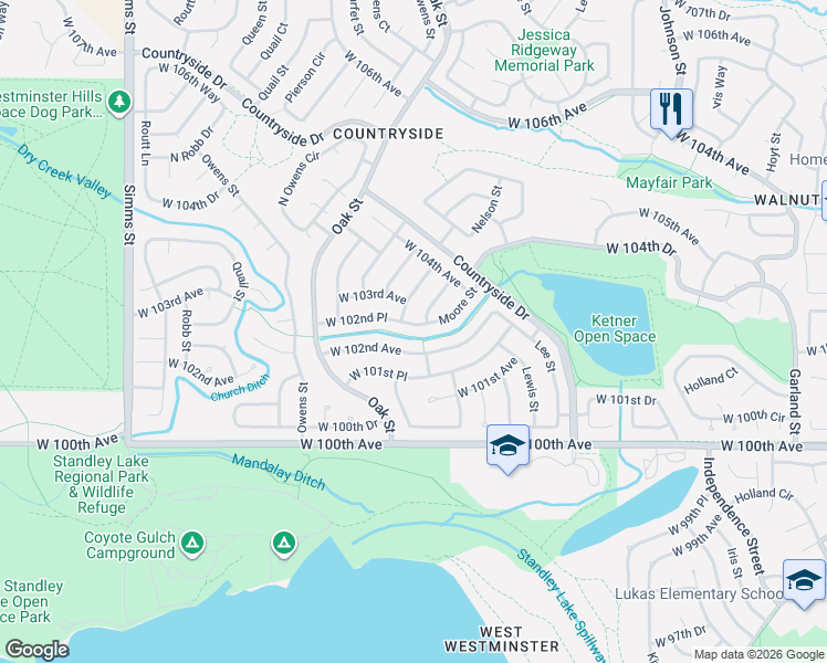 map of restaurants, bars, coffee shops, grocery stores, and more near 10288 Moore Court in Westminster