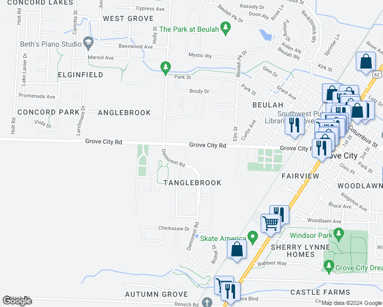 map of restaurants, bars, coffee shops, grocery stores, and more near 3853 Grove City Road in Grove City