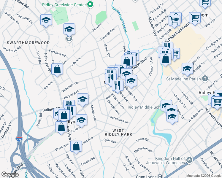 map of restaurants, bars, coffee shops, grocery stores, and more near 701 MacDade Boulevard in Woodlyn