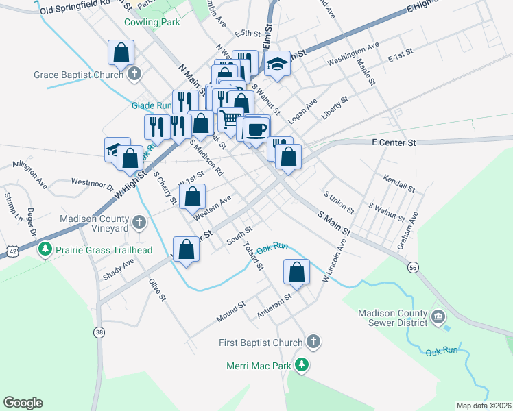 map of restaurants, bars, coffee shops, grocery stores, and more near 65 West Center Street in London