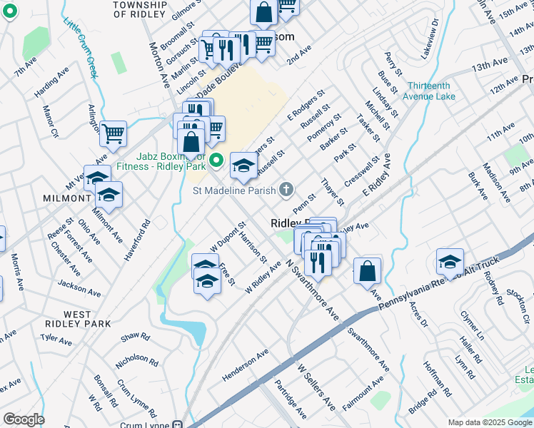 map of restaurants, bars, coffee shops, grocery stores, and more near 414 Tome Street in Ridley Park