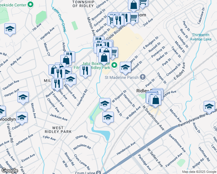 map of restaurants, bars, coffee shops, grocery stores, and more near 193 West Rodgers Street in Ridley Park