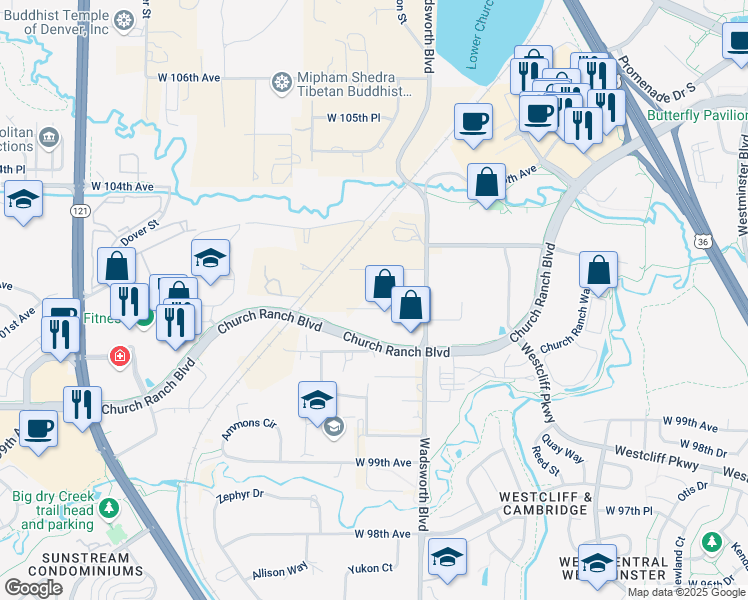 map of restaurants, bars, coffee shops, grocery stores, and more near 7880 West 102nd Place in Westminster