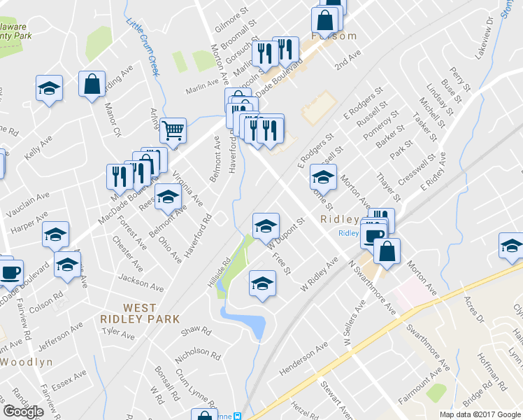 map of restaurants, bars, coffee shops, grocery stores, and more near 193 West Rodgers Street in Ridley Park