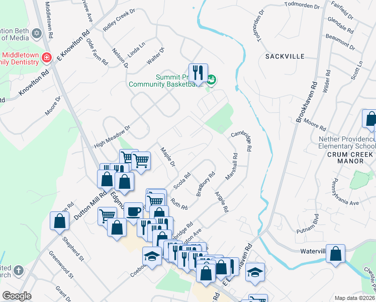 map of restaurants, bars, coffee shops, grocery stores, and more near 5200 Hilltop Drive in Brookhaven