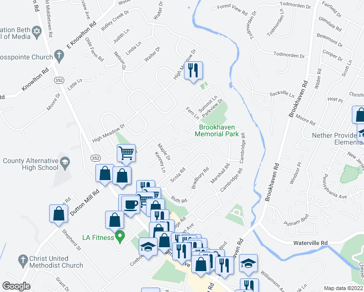 map of restaurants, bars, coffee shops, grocery stores, and more near 5200 Hilltop Drive in Brookhaven
