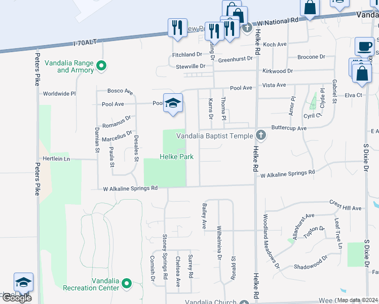 map of restaurants, bars, coffee shops, grocery stores, and more near 804 Randler Avenue in Vandalia