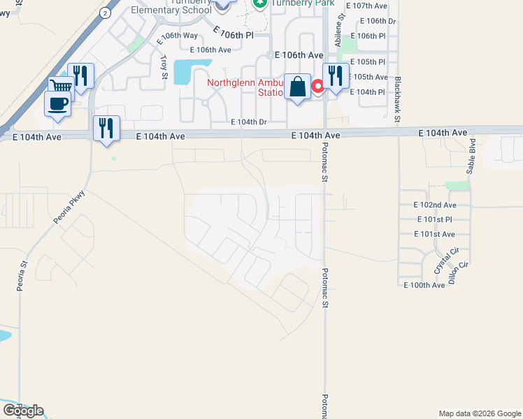 map of restaurants, bars, coffee shops, grocery stores, and more near 10204 Wheeling Street in Commerce City