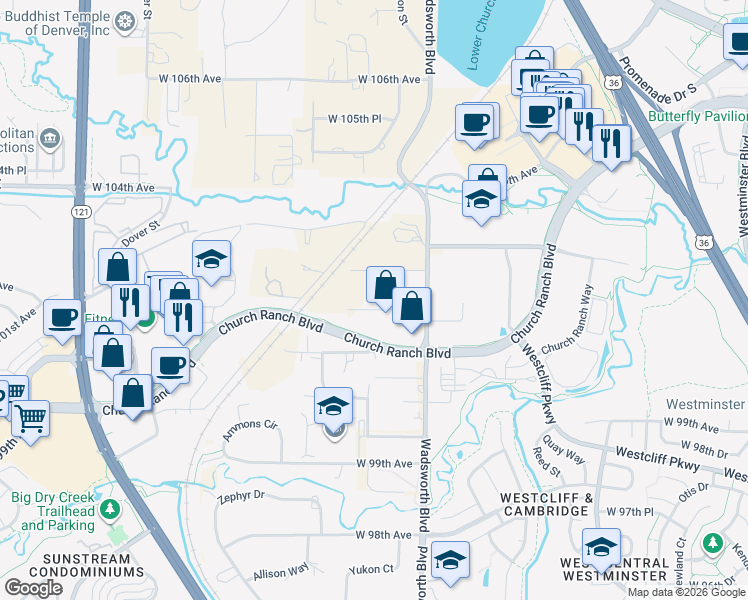 map of restaurants, bars, coffee shops, grocery stores, and more near 7880 West 102nd Place in Westminster