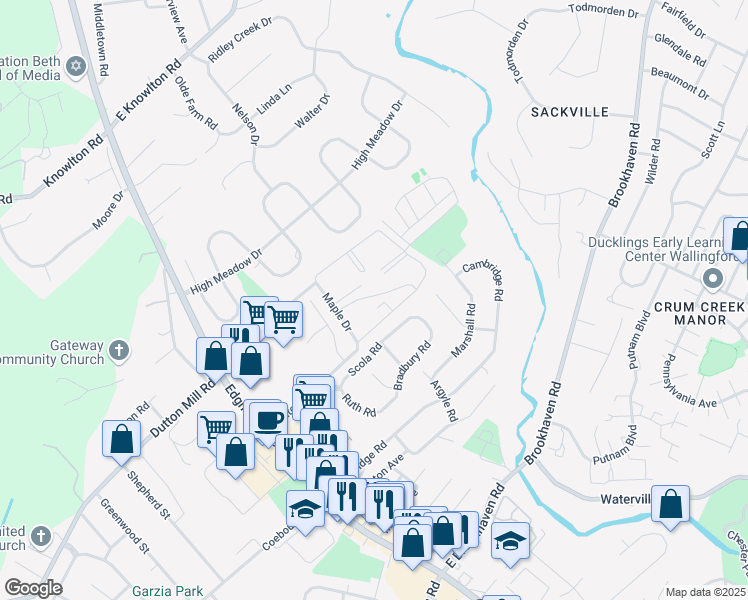 map of restaurants, bars, coffee shops, grocery stores, and more near 5200 Hilltop Drive in Brookhaven