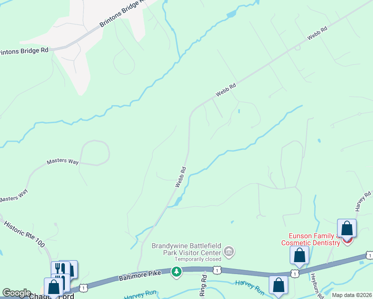 map of restaurants, bars, coffee shops, grocery stores, and more near 590 Webb Road in Chadds Ford