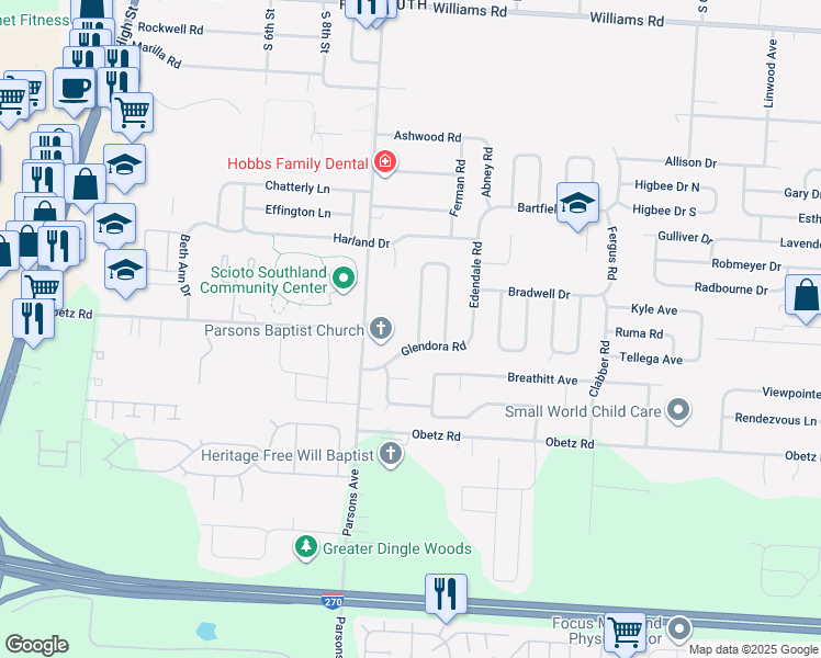 map of restaurants, bars, coffee shops, grocery stores, and more near 3911 Frazier Road North in Columbus