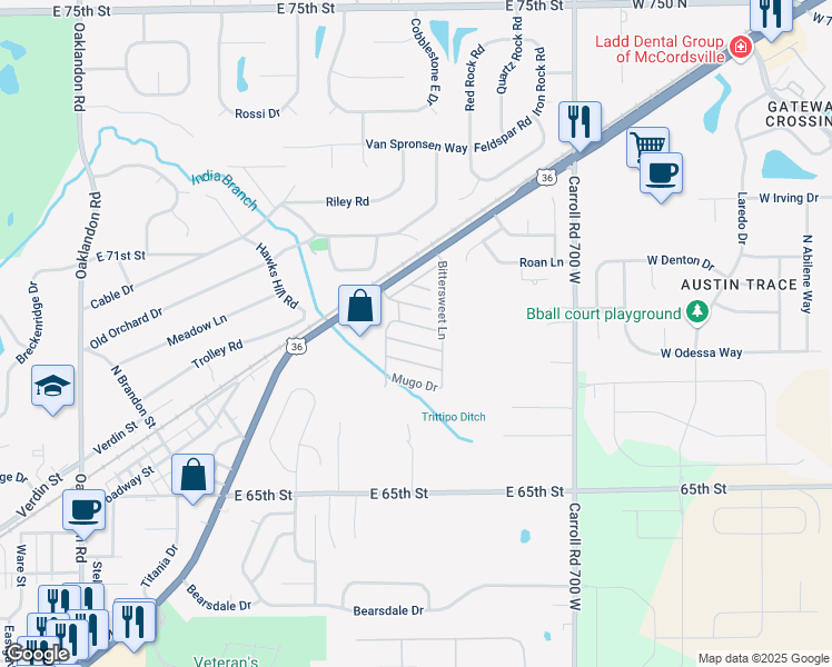 map of restaurants, bars, coffee shops, grocery stores, and more near 12348 Daffodil Court in Indianapolis