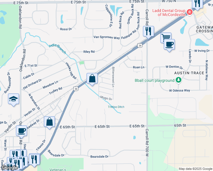 map of restaurants, bars, coffee shops, grocery stores, and more near 12348 Daffodil Court in Indianapolis