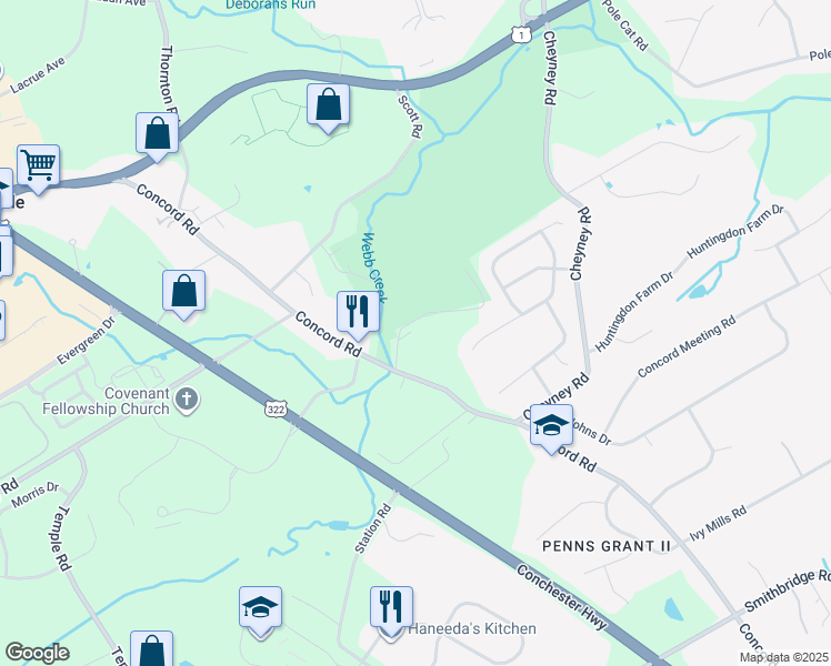 map of restaurants, bars, coffee shops, grocery stores, and more near 691 Concord Road in Glen Mills
