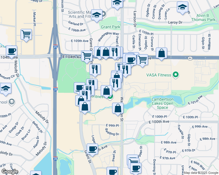 map of restaurants, bars, coffee shops, grocery stores, and more near 501 East 102nd Avenue in Thornton