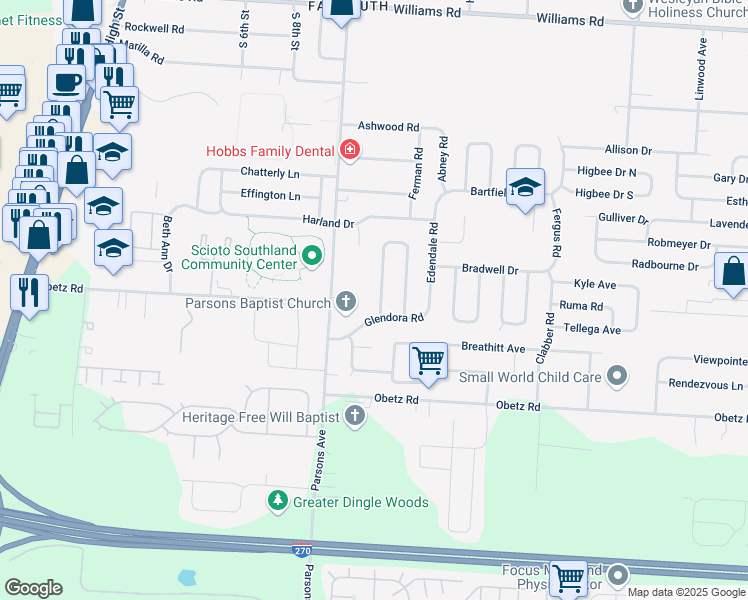 map of restaurants, bars, coffee shops, grocery stores, and more near 3911 Frazier Road North in Columbus