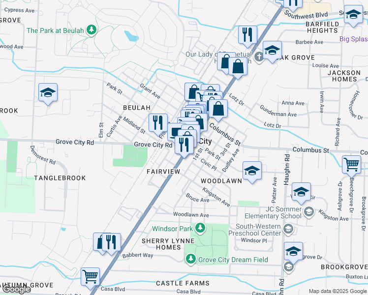 map of restaurants, bars, coffee shops, grocery stores, and more near 3449 Grove City Road in Grove City