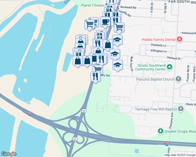 map of restaurants, bars, coffee shops, grocery stores, and more near 1189 Obetz Road in Columbus