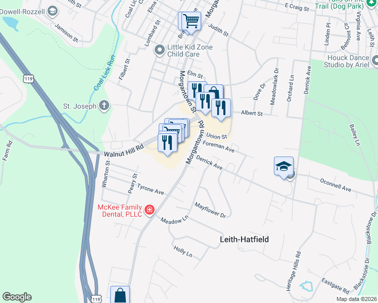 map of restaurants, bars, coffee shops, grocery stores, and more near 114 Walnut Hill Road in Uniontown