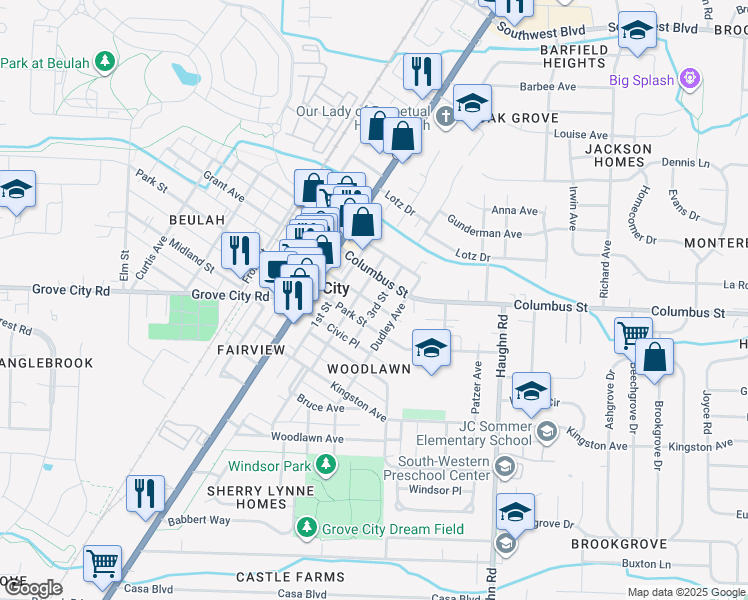 map of restaurants, bars, coffee shops, grocery stores, and more near 4043 3rd Street in Grove City