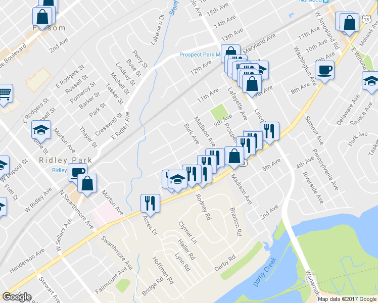 map of restaurants, bars, coffee shops, grocery stores, and more near 509 Johnson Avenue in Ridley Park