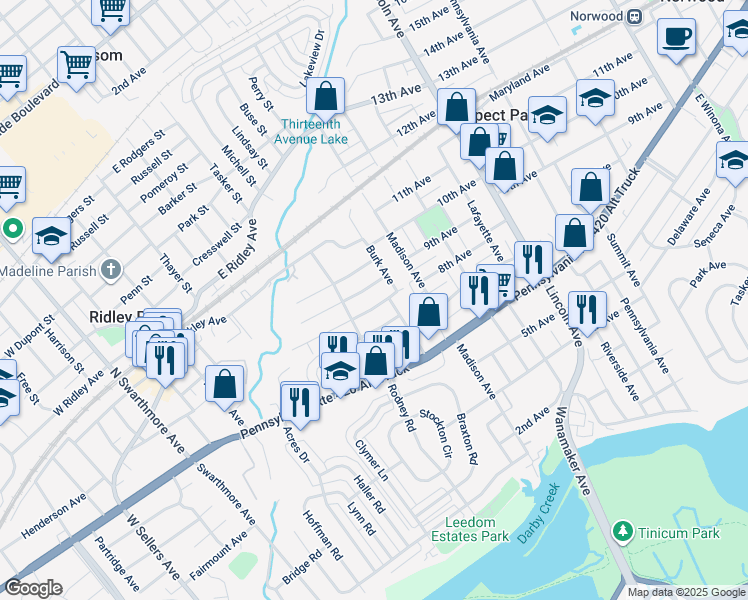 map of restaurants, bars, coffee shops, grocery stores, and more near 509 Johnson Avenue in Ridley Park