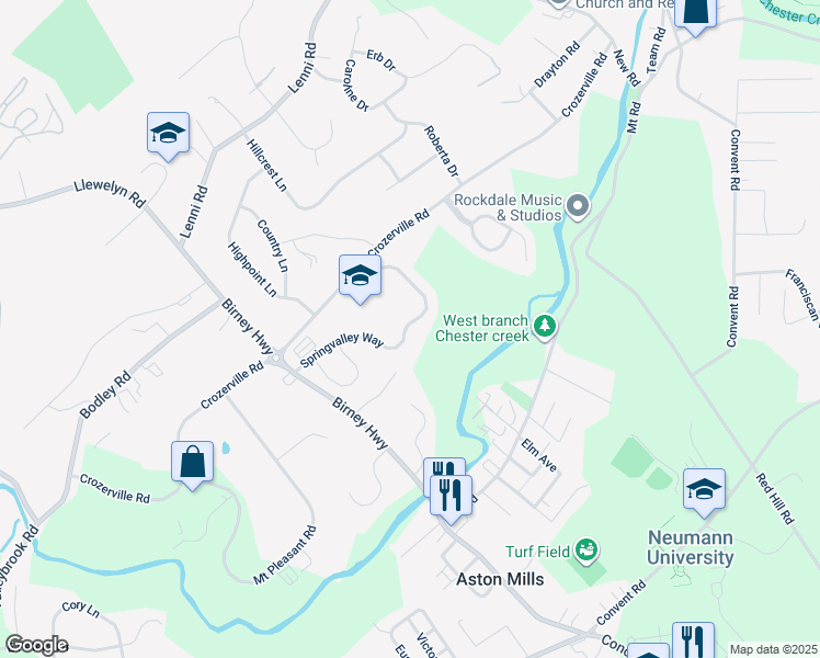 map of restaurants, bars, coffee shops, grocery stores, and more near 204 Spring Valley Way in Aston