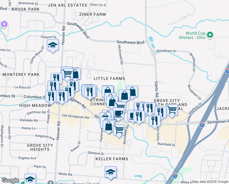 map of restaurants, bars, coffee shops, grocery stores, and more near 2172 Edwards Road in Grove City