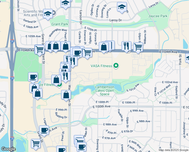 map of restaurants, bars, coffee shops, grocery stores, and more near E 102nd Ave in Thornton