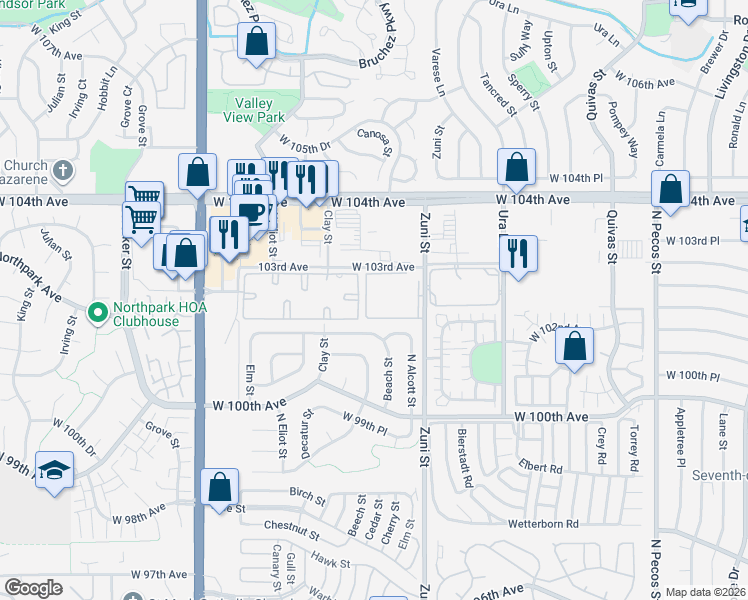 map of restaurants, bars, coffee shops, grocery stores, and more near 10251 Zuni Street in Denver