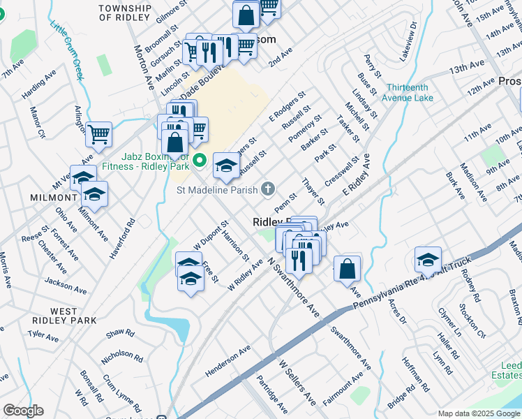 map of restaurants, bars, coffee shops, grocery stores, and more near 501 Tome Street in Ridley Park
