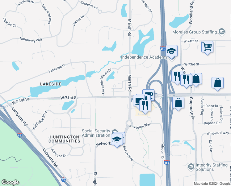 map of restaurants, bars, coffee shops, grocery stores, and more near 6524 West 71st Street in Indianapolis