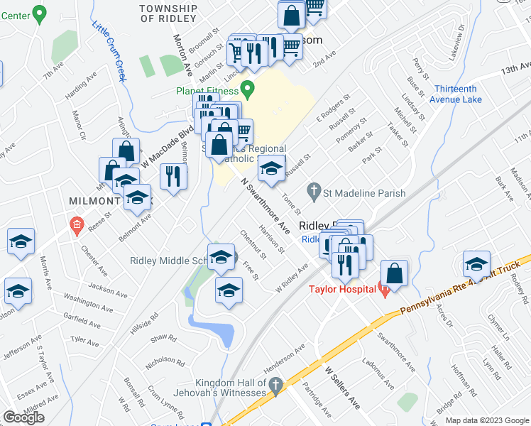 map of restaurants, bars, coffee shops, grocery stores, and more near 508 North Swarthmore Avenue in Ridley Park