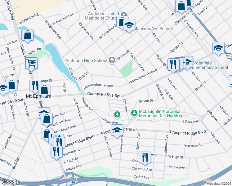 map of restaurants, bars, coffee shops, grocery stores, and more near 534 Washington Terrace in Audubon