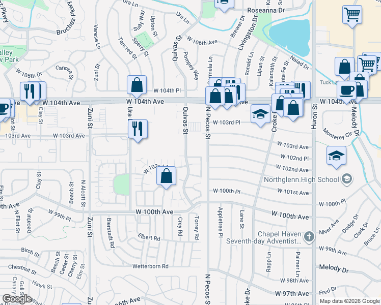 map of restaurants, bars, coffee shops, grocery stores, and more near 10282 Quivas Street in Denver